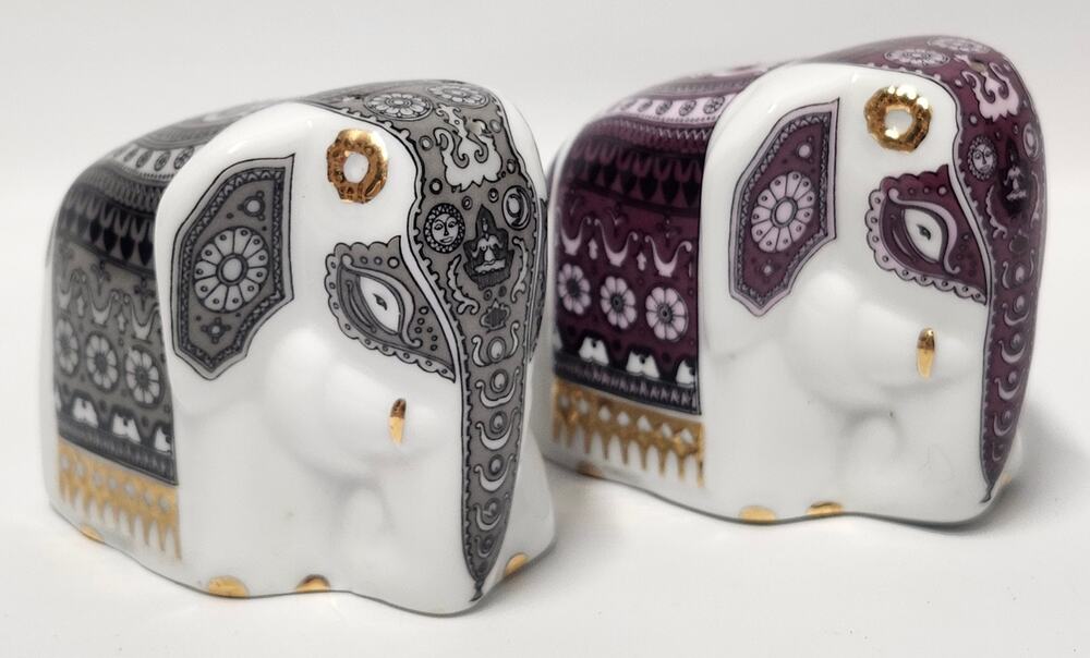 Vintage Mlesna Elephant Salt Pepper Shakers Porcelain Sri Lanka Purple Gray